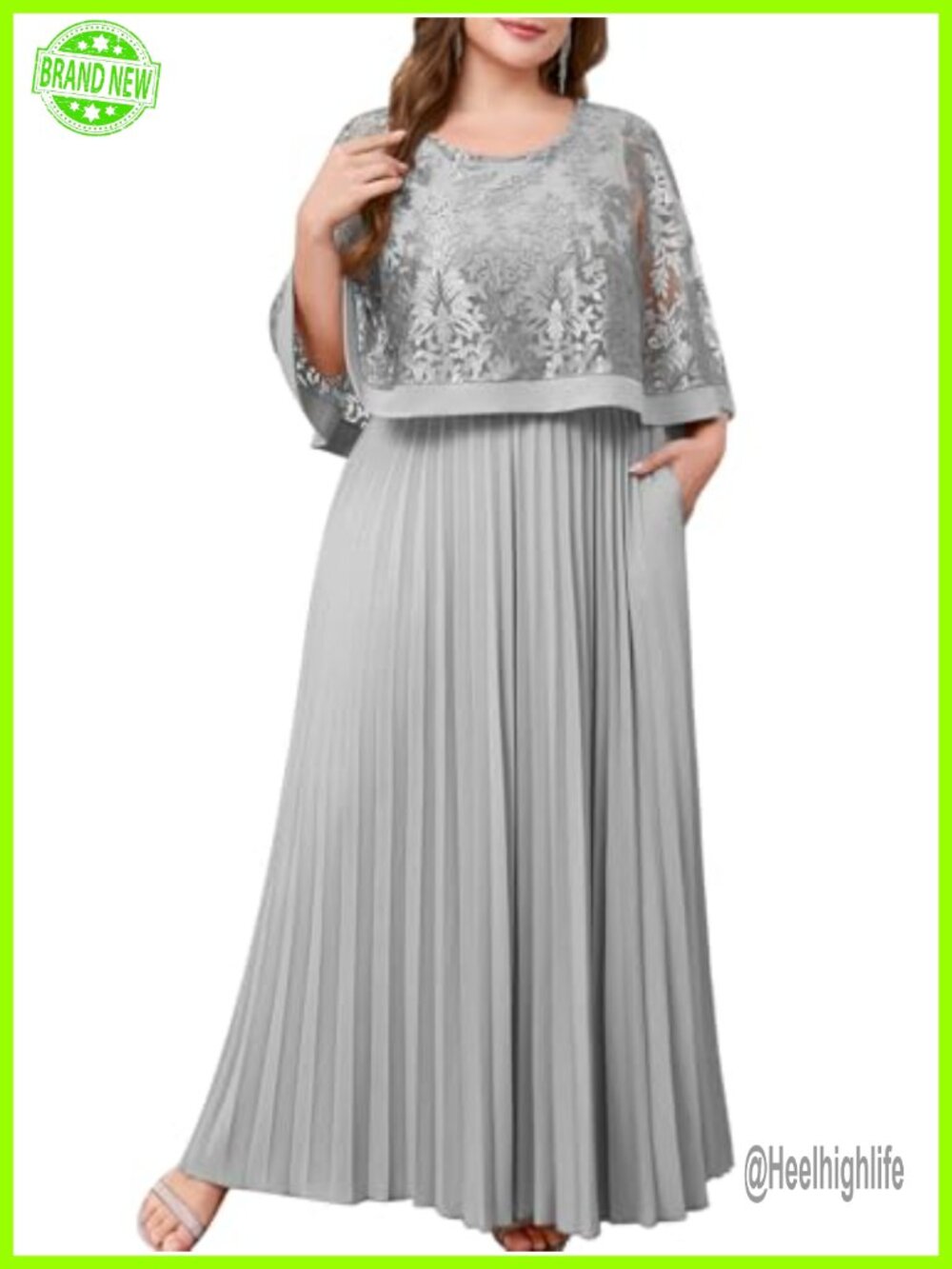 Plus Size Lace Cape A-Line Formal Evening Gown with Pockets